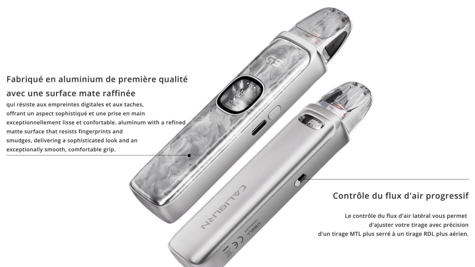 Airflow réglable et corps aluminium Uwell Caliburn G5 — du MTL au RDL