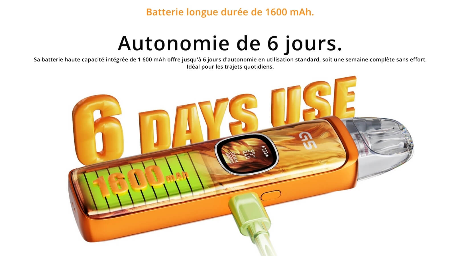 Autonomie Uwell Caliburn G5 — batterie 1600 mAh jusqu'à 6 jours, charge USB-C