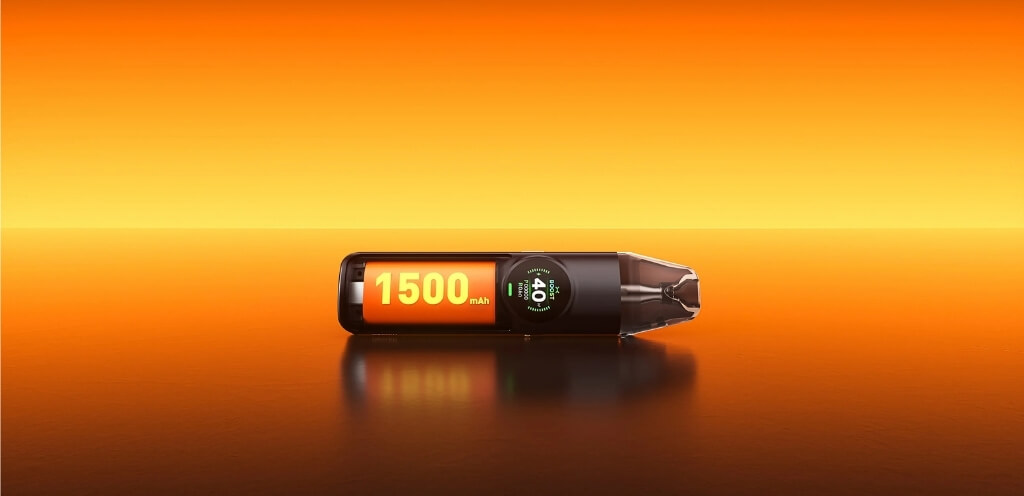 Batterie 1500 mAh OXVA Nexlim — affichage BOOST 40W, fond orange
