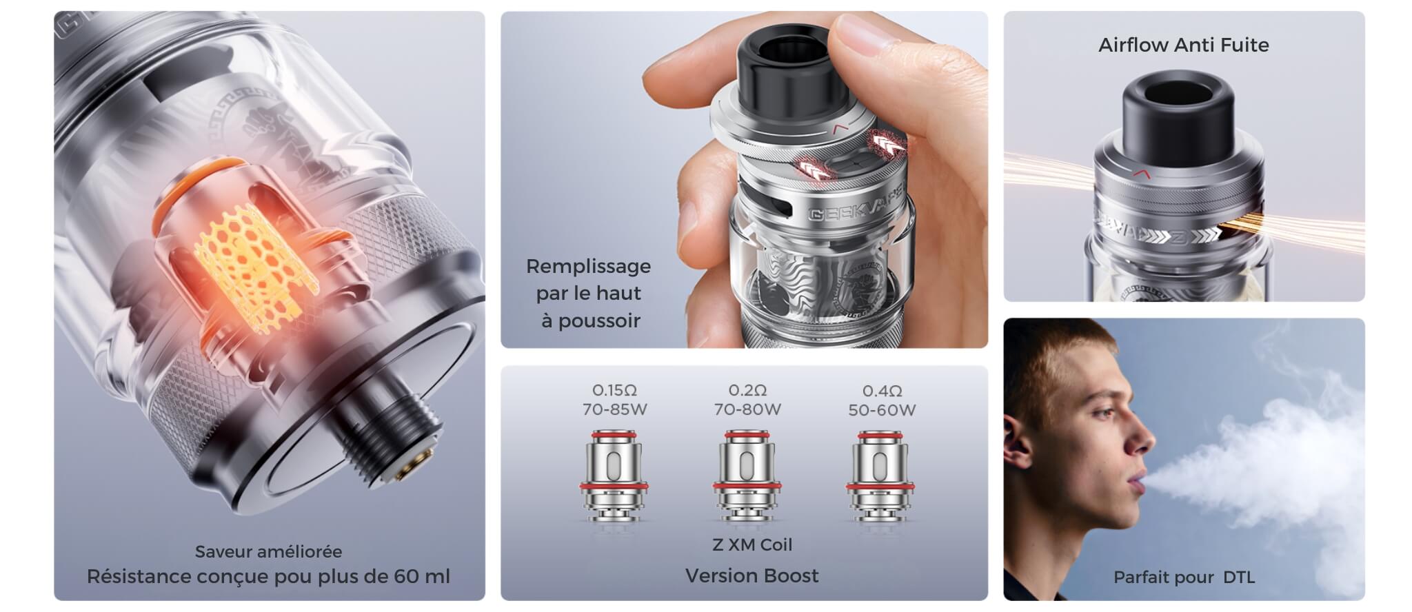 GeekVape Z Subohm Tank 5 — caractéristiques : résistances Z XM, remplissage top-fill, airflow anti-fuite, DTL