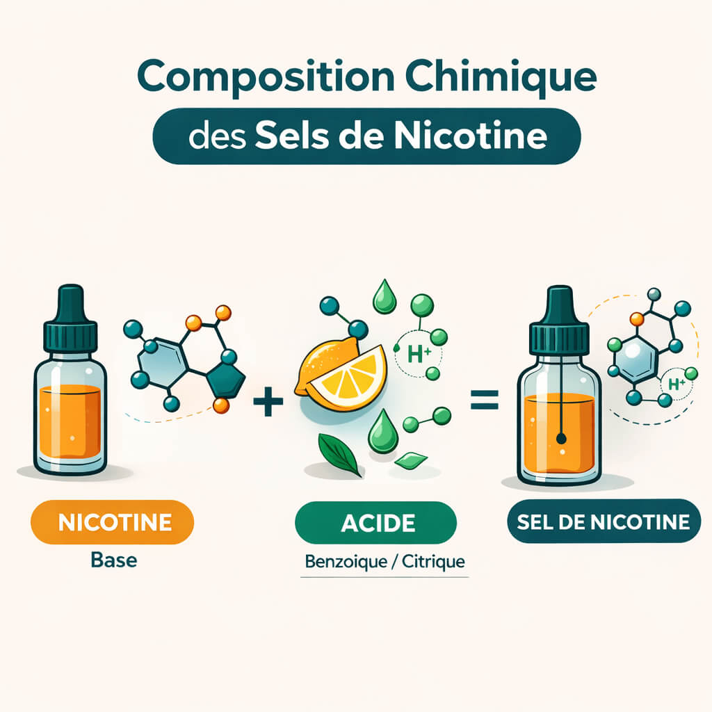Composition chimique des sels de nicotine : nicotine + acide = sel de nicotine
