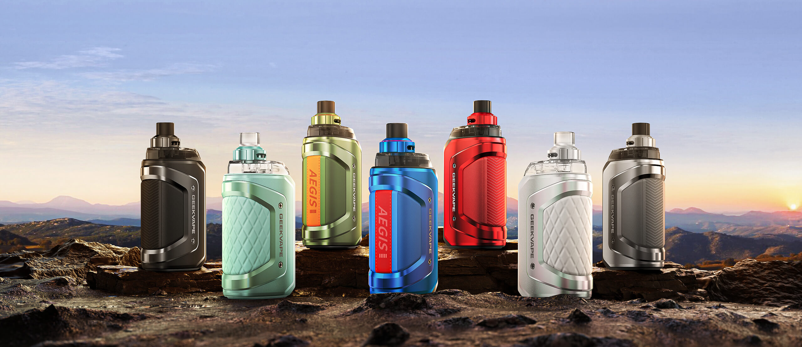GeekVape Aegis Hero 5 — les 7 coloris : Iron Black, Steel Silver, Blaze Red, Turbo Blue, Racing Green, Pure White, Frost Mint