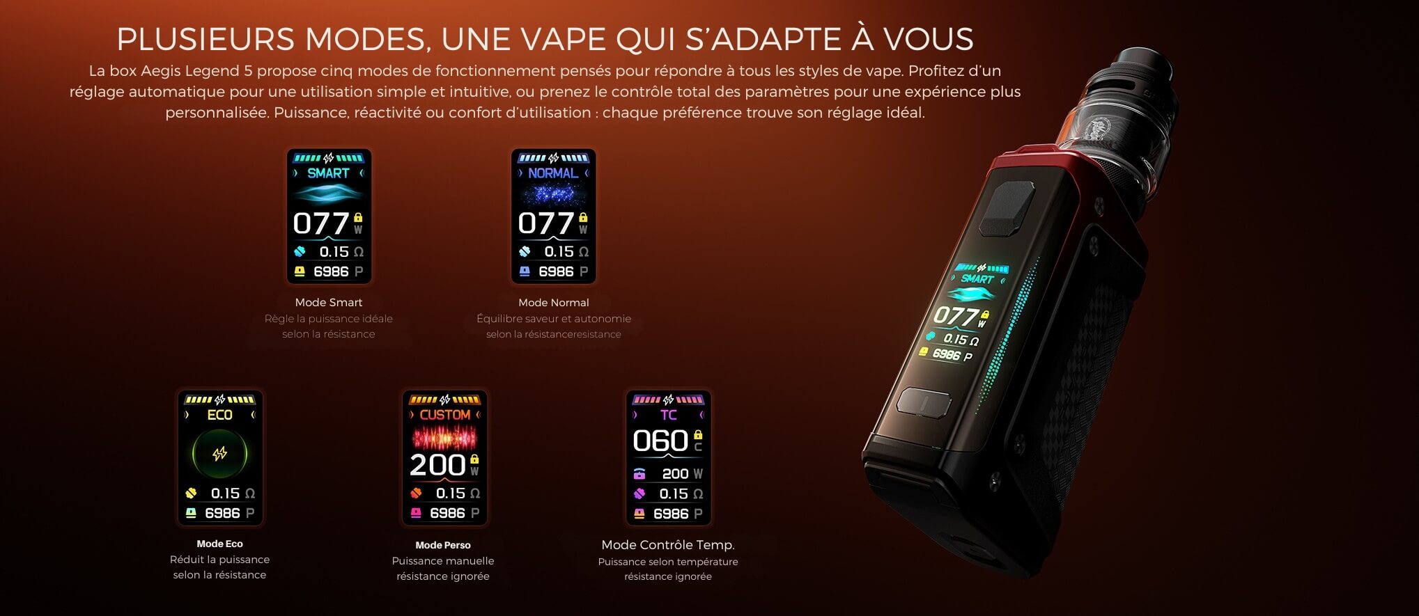 5 modes de vape Aegis Legend 5 GeekVape - Eco Smart Normal Custom TC