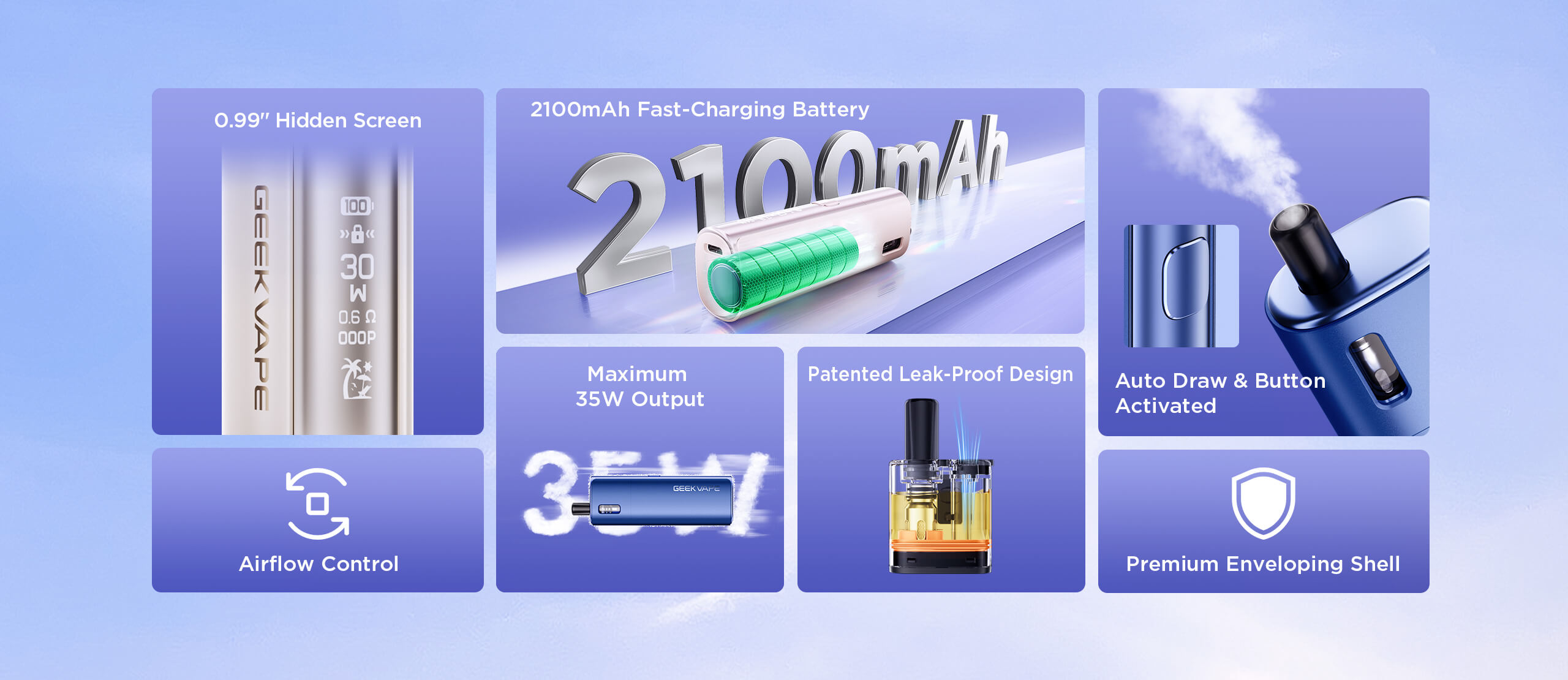 Caractéristiques du GeekVape Soul 2 — écran caché, batterie 2100mAh, 35W, anti-fuite