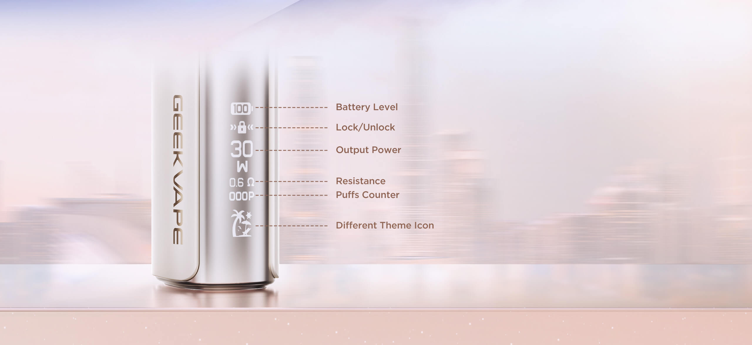 Écran caché du GeekVape Soul 2 — batterie, puissance, résistance, compteur de bouffées